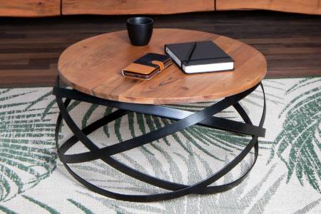 Couchtisch rund Akazieholz massiv nussbaum 60 x 60 cm Metallgestell schwarz ALLISON