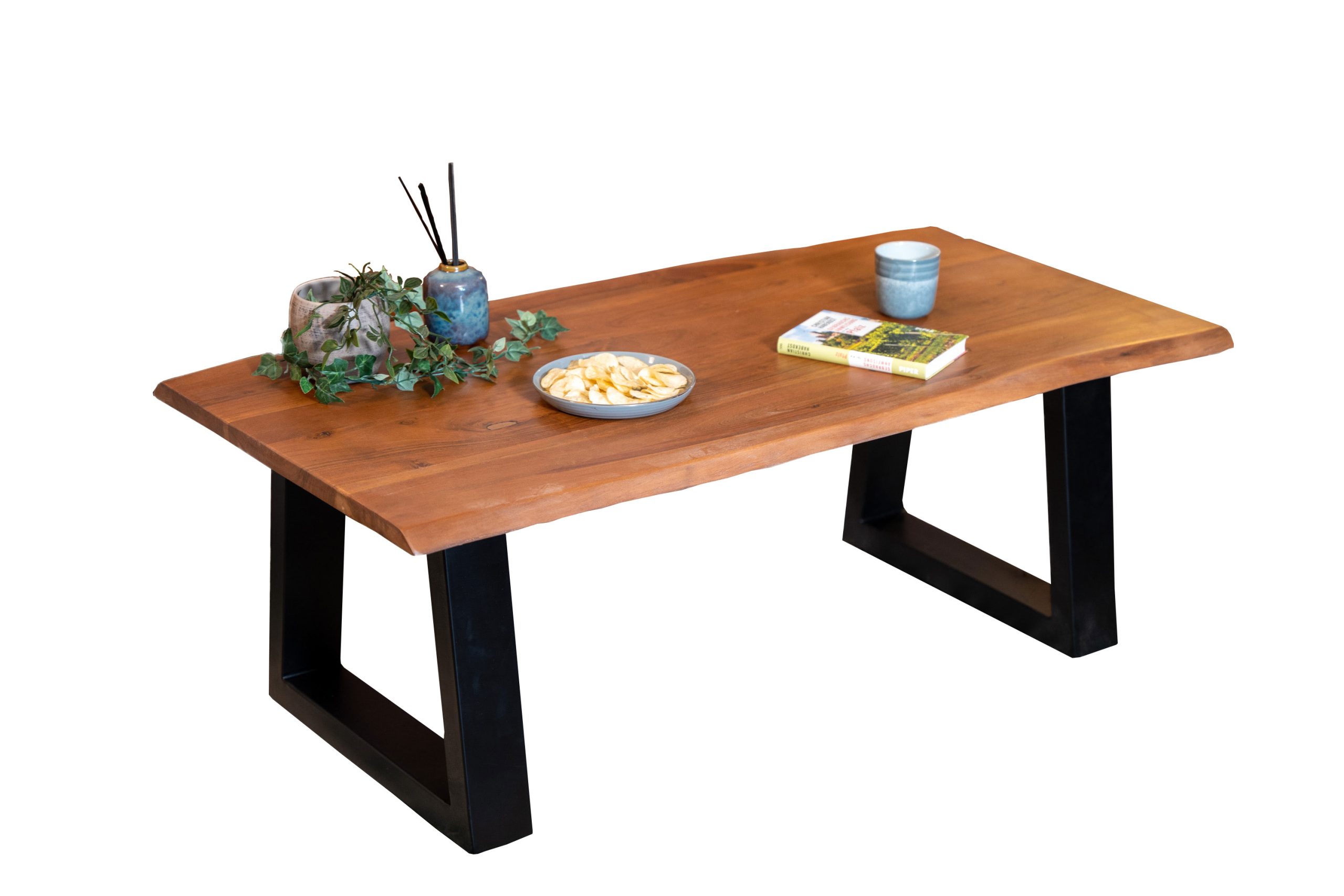 Couchtisch Baumkante Akazie nussbaum 115 x 60 cm Trapez-Gestell schwarz APRIL – Bild 2