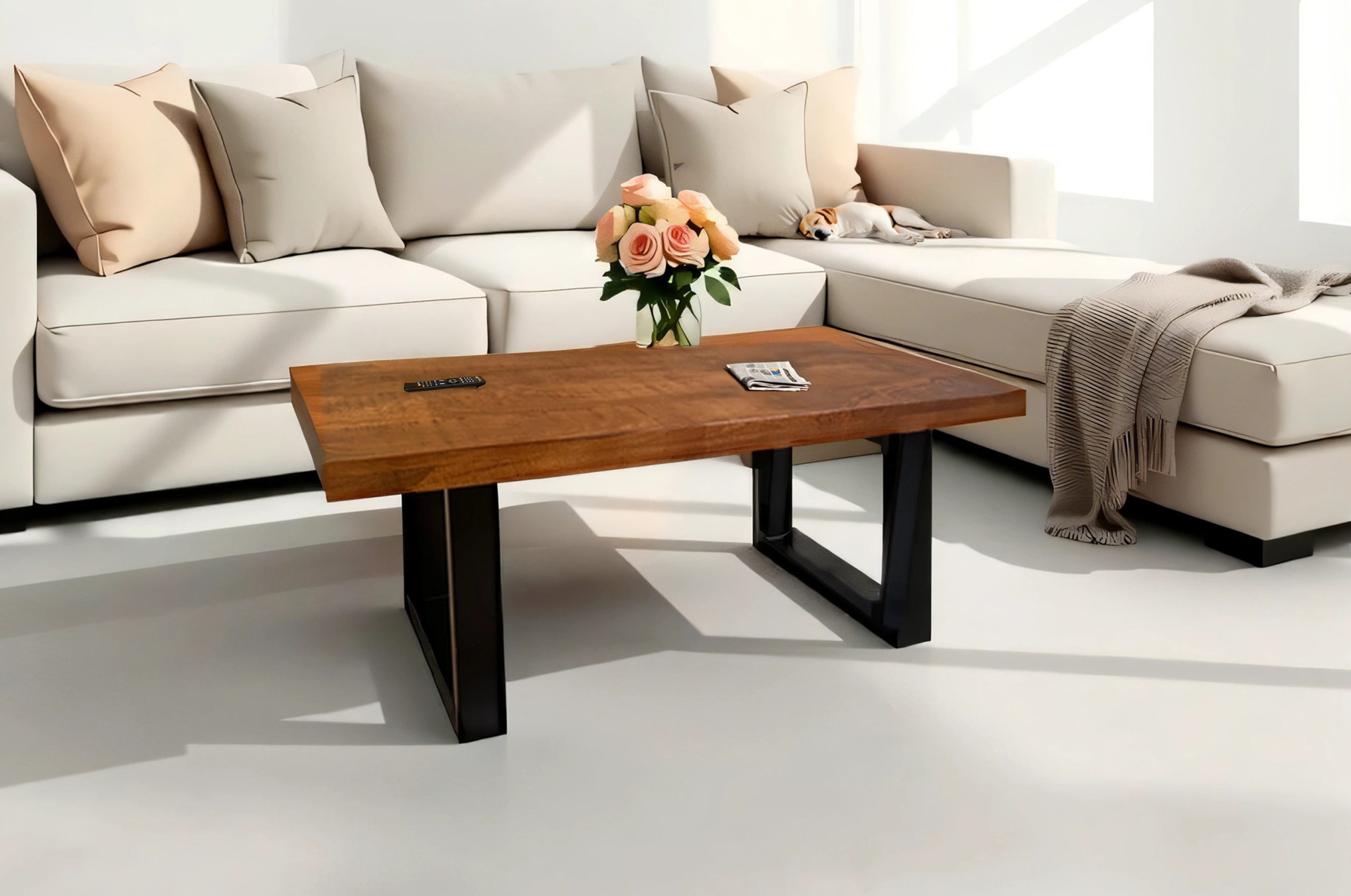 Couchtisch gerade Kanten 100×55 cm Mangoholz honig massiv U-Gestell schwarz NADIA