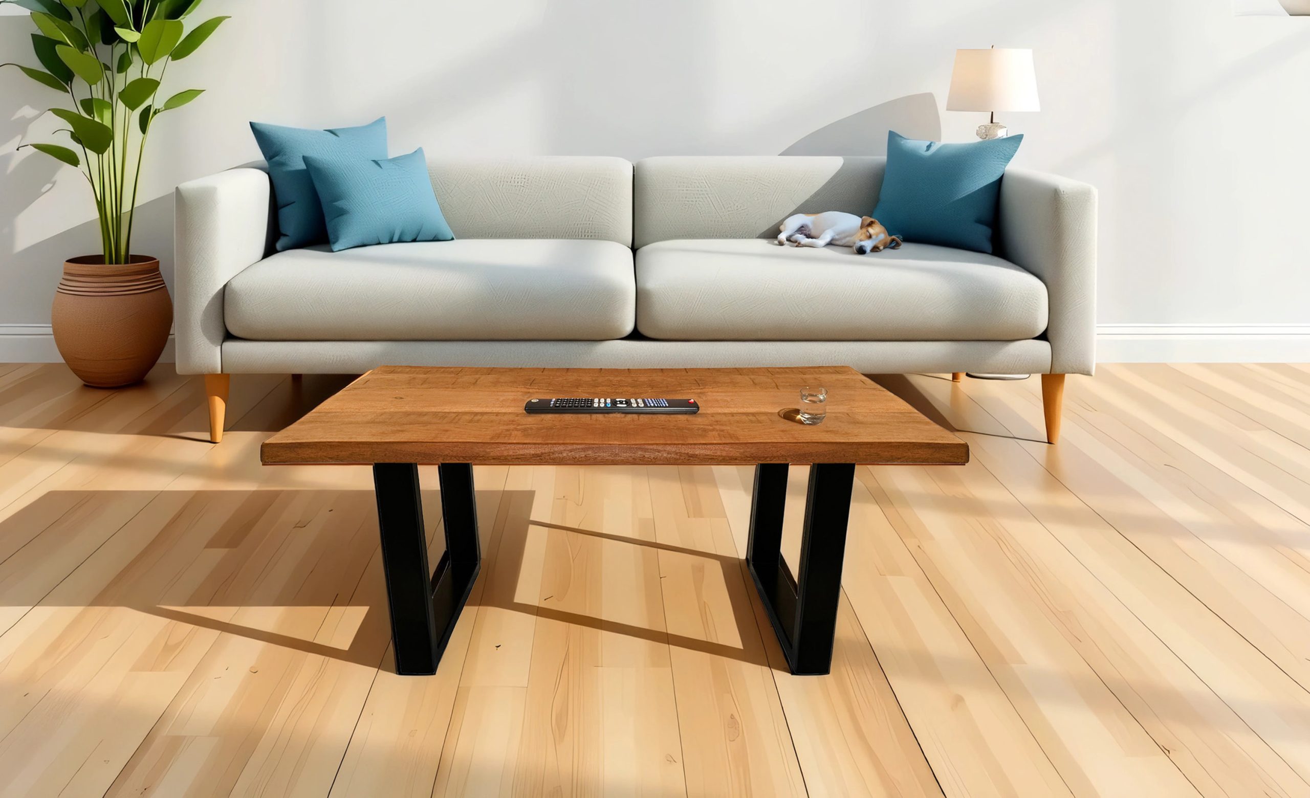 Couchtisch Baumkante 100×55 cm Mangoholz honig massiv U-Gestell schwarz NAYLA
