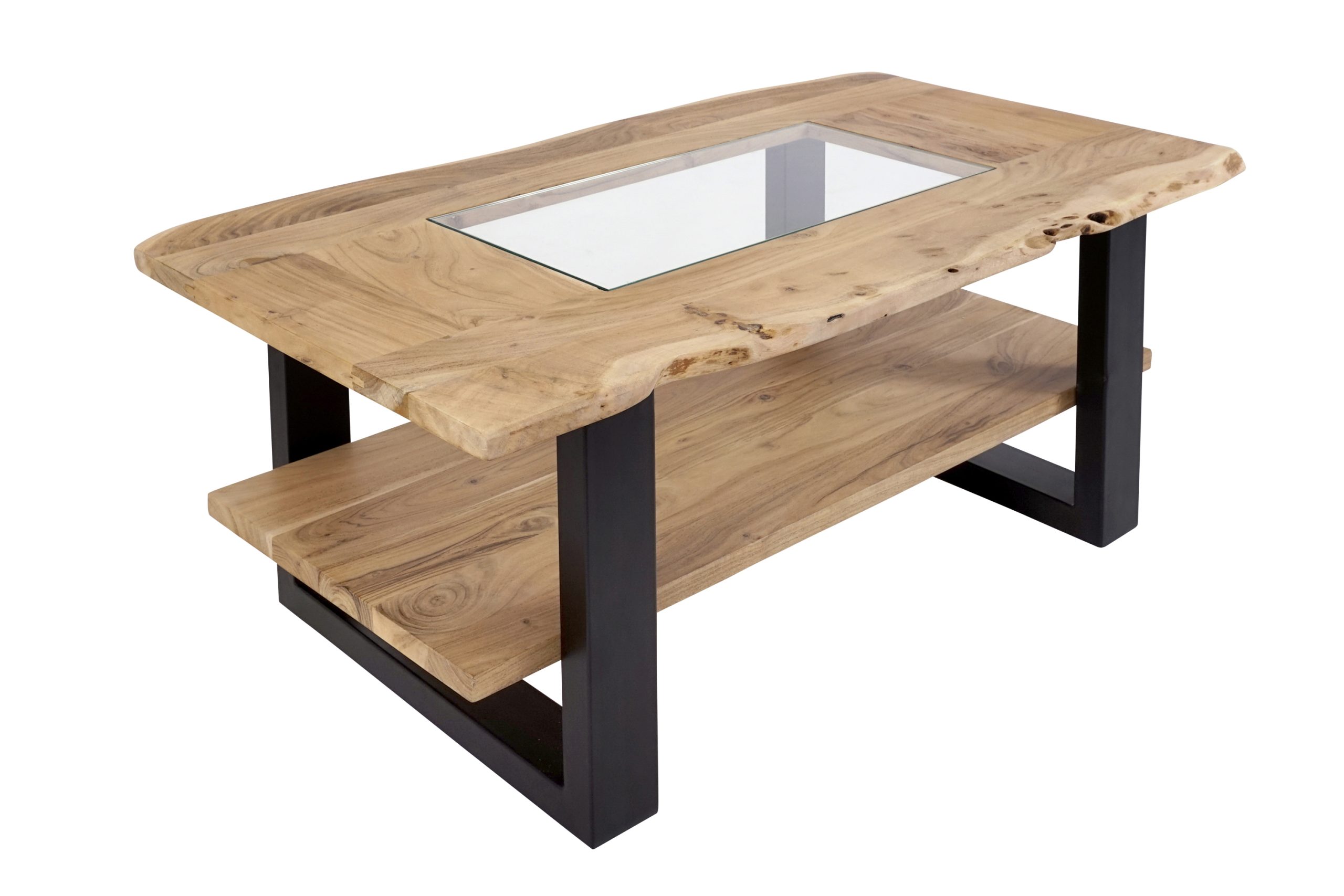 Couchtisch mit Glaseinsatz Baumkante massiv Akazie natur 115x65 cm schwarz PATRICK – Bild 3