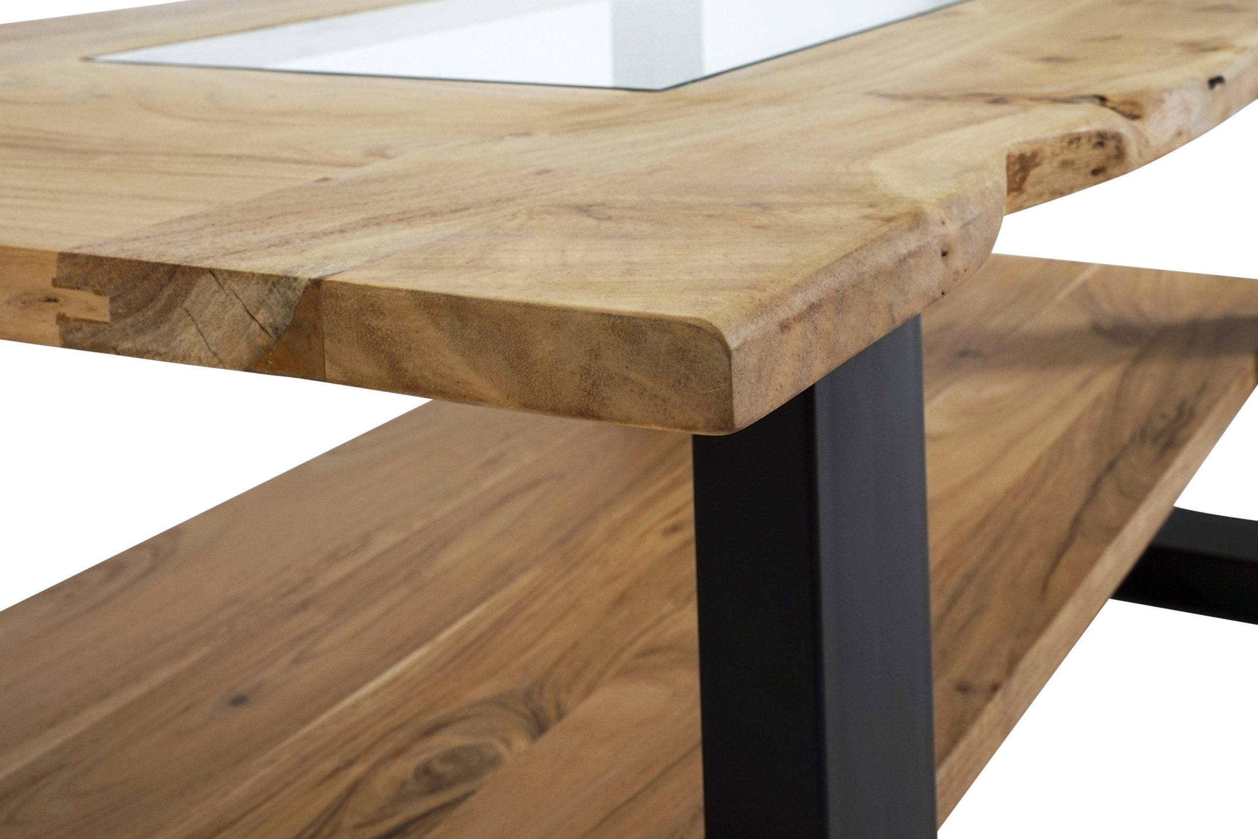 Couchtisch mit Glaseinsatz Baumkante massiv Akazie natur 115x65 cm schwarz PATRICK – Bild 5