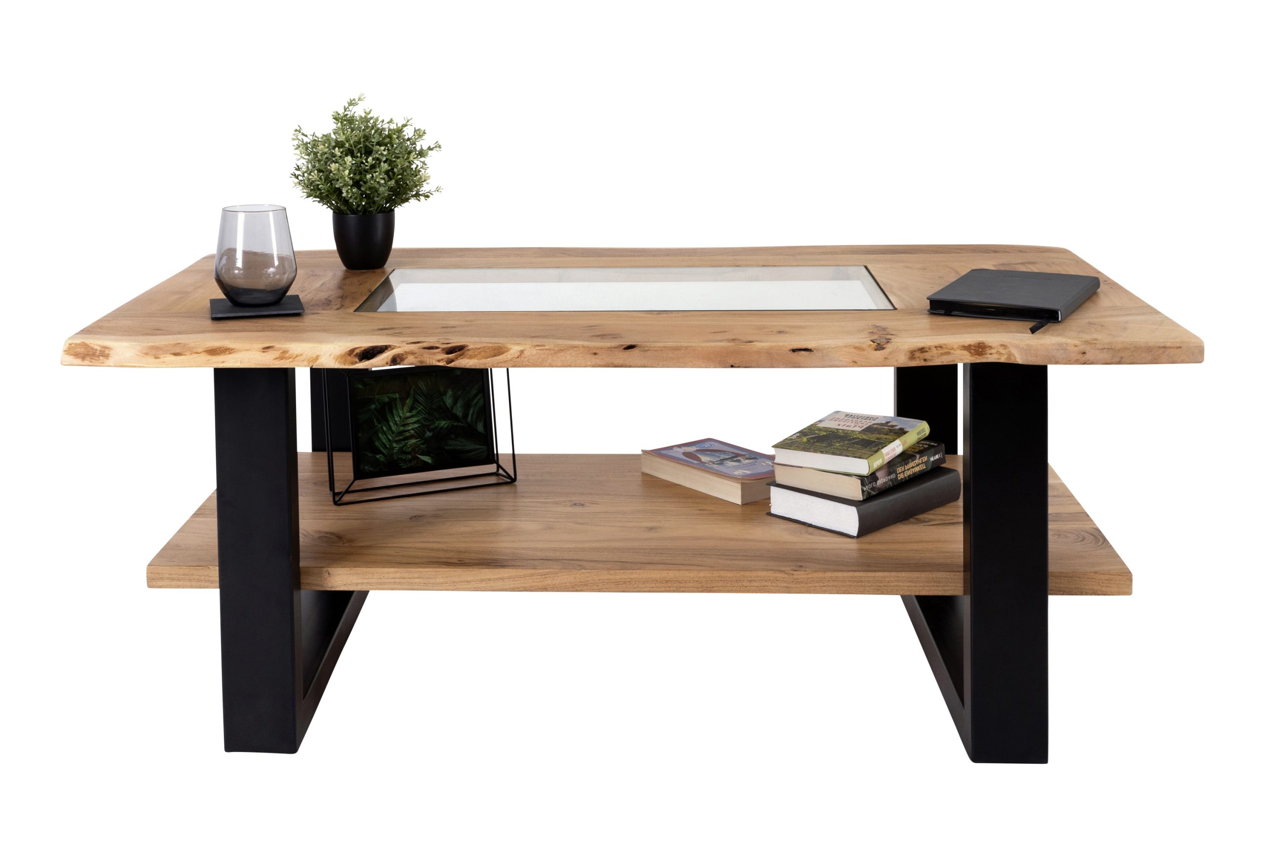 Couchtisch mit Glaseinsatz Baumkante massiv Akazie natur 115x65 cm schwarz PATRICK – Bild 6