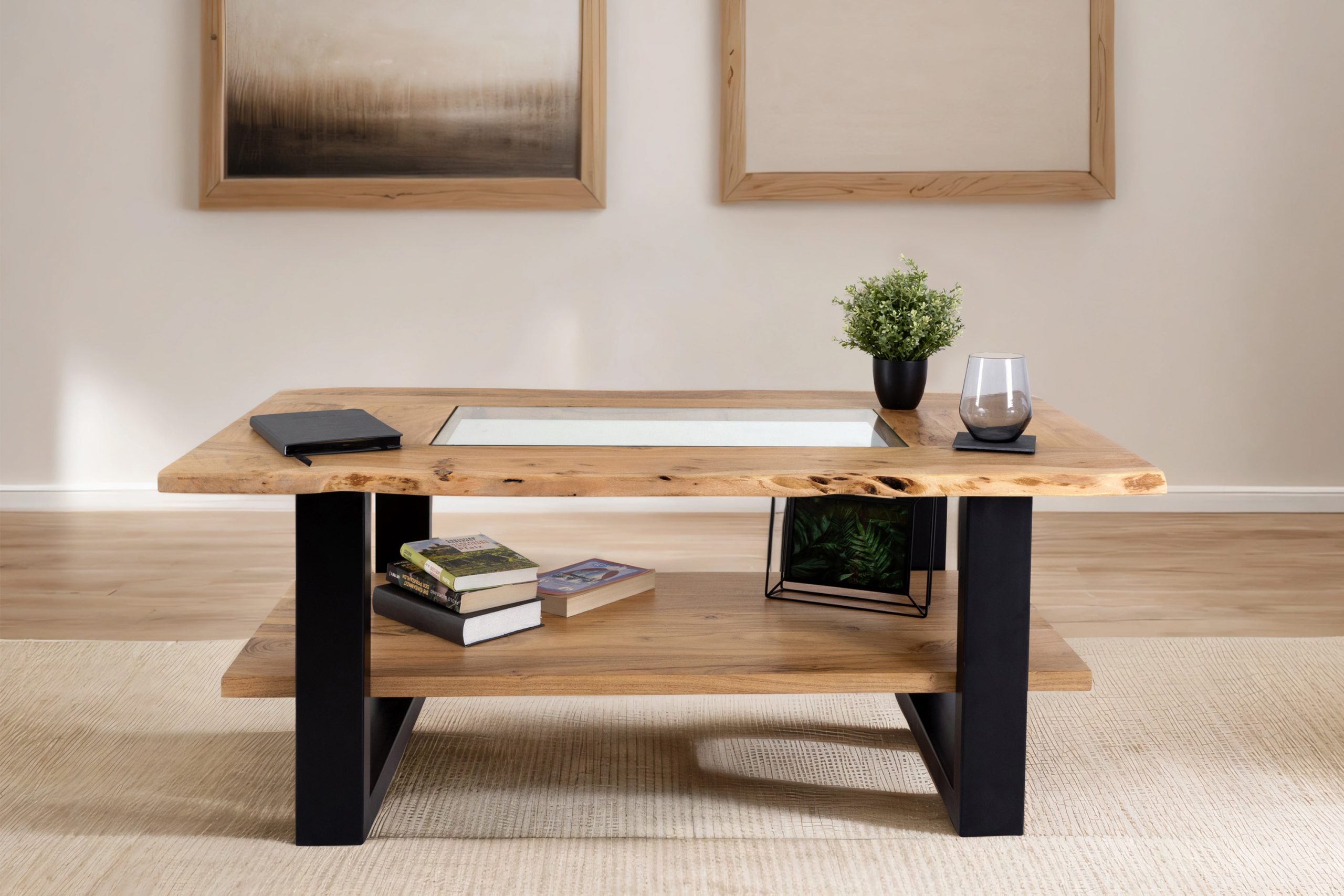 Couchtisch mit Glaseinsatz Baumkante massiv Akazie natur 115x65 cm schwarz PATRICK – Bild 7