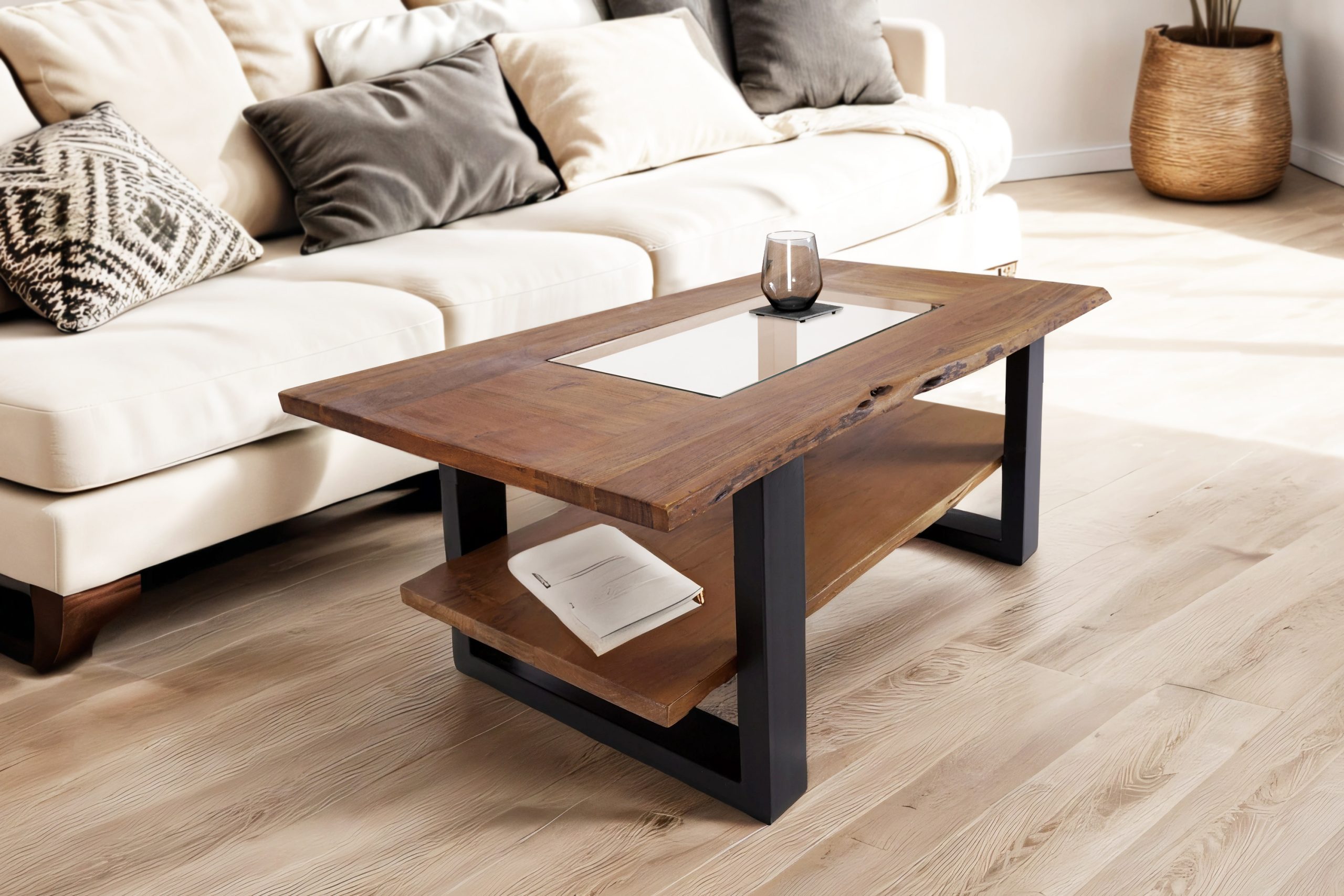 Couchtisch mit Glaseinsatz Baumkante massiv Akazie nussbaum 115x65 cm schwarz PATRICK