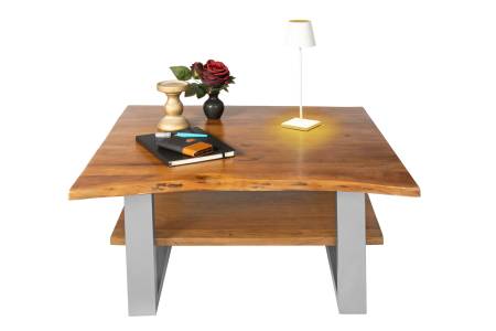 B-Ware Couchtisch Baumkante massiv Akazie nussbaum 90x90 cm silber PATRICK