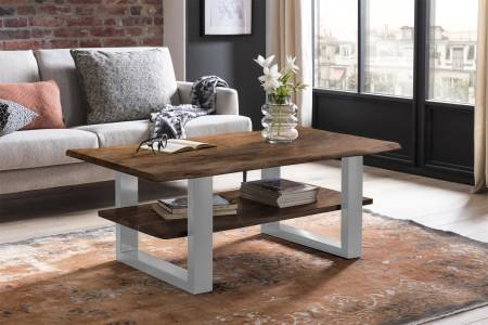 B-Ware Couchtisch Baumkante massiv Akazie nussbaum 115x65 cm silber PATRICK