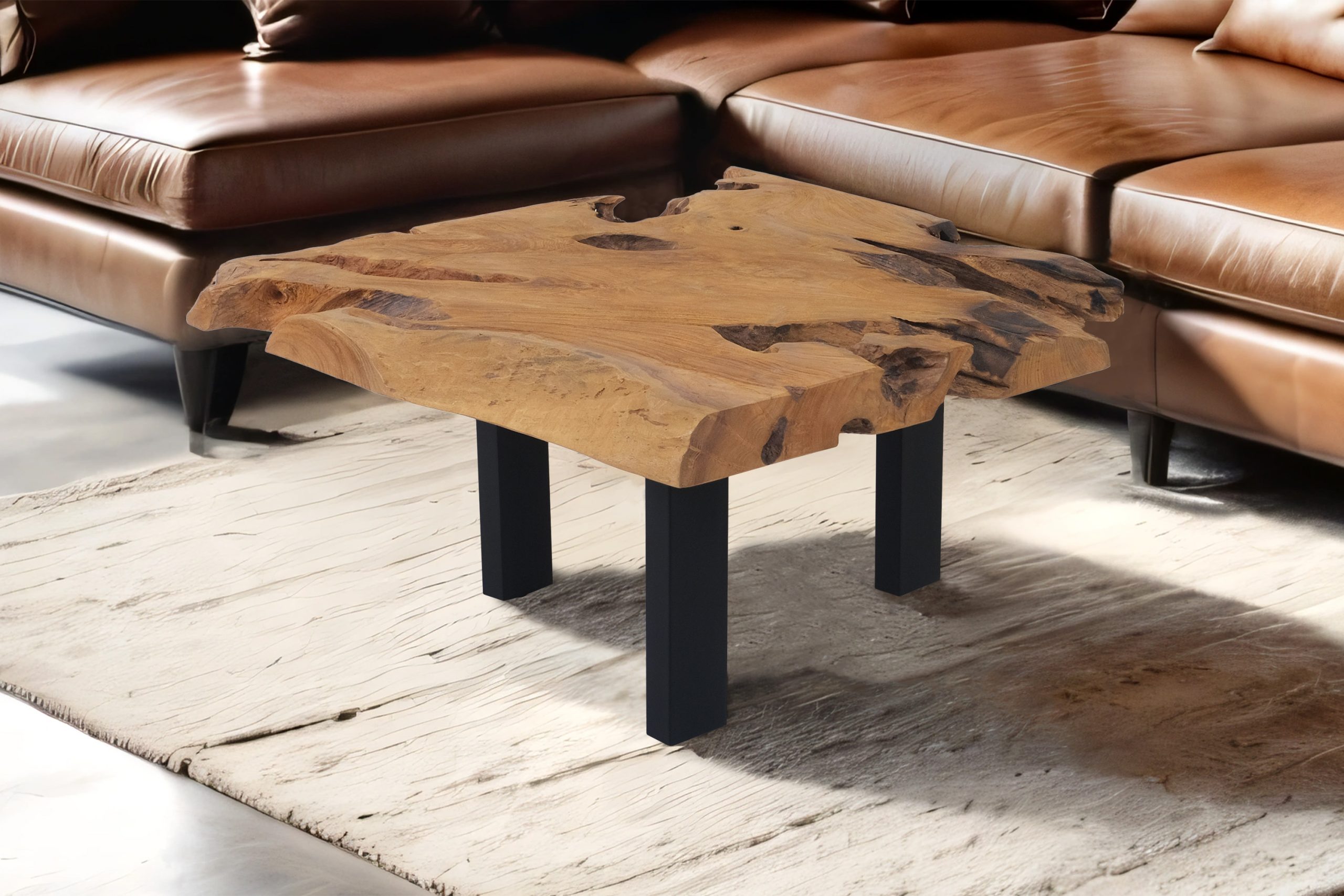 Couchtisch Baumkante massiv Teakholz Wurzelholz 80 x 80 x 40 schwarz Ibiza