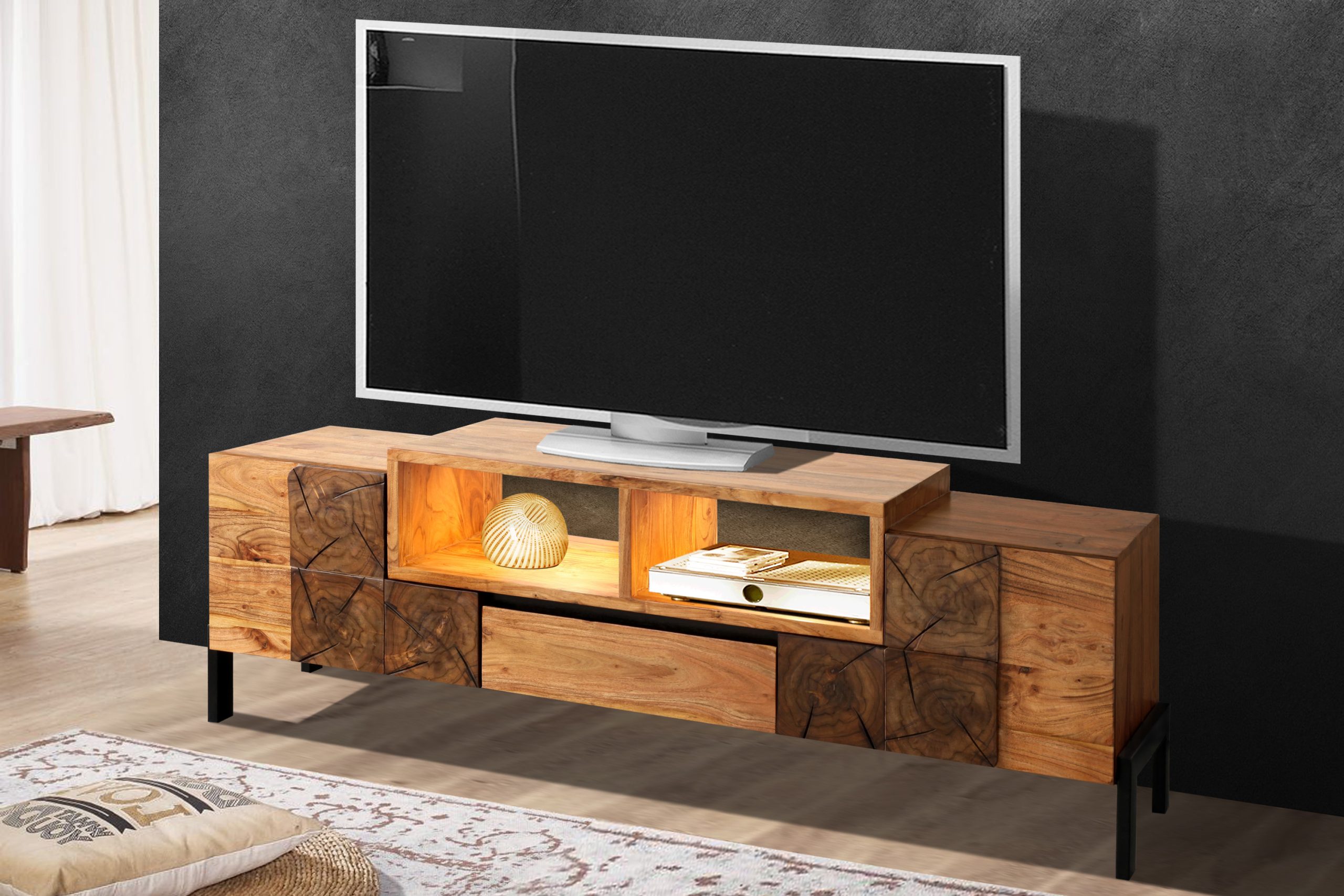 Lowboard 180 x 55 x 40 cm Akazienholz massiv stone LAURETTE