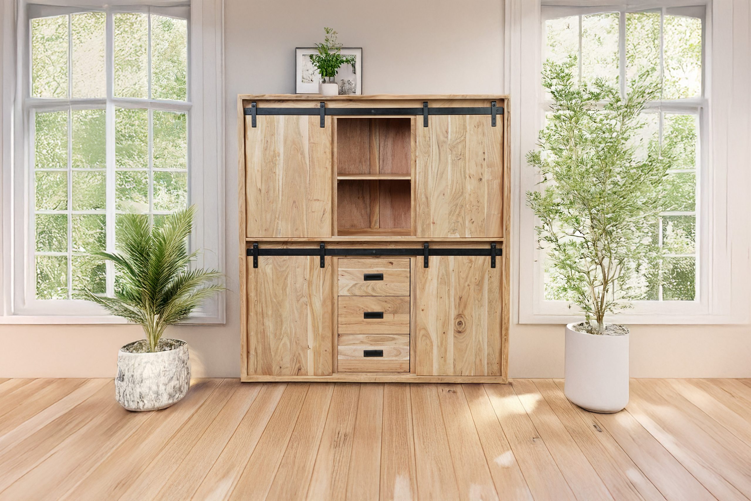Highboard 150x45x160 cm Baumkante Akazienholz massiv natur gusseiserne Elemente LIAN I