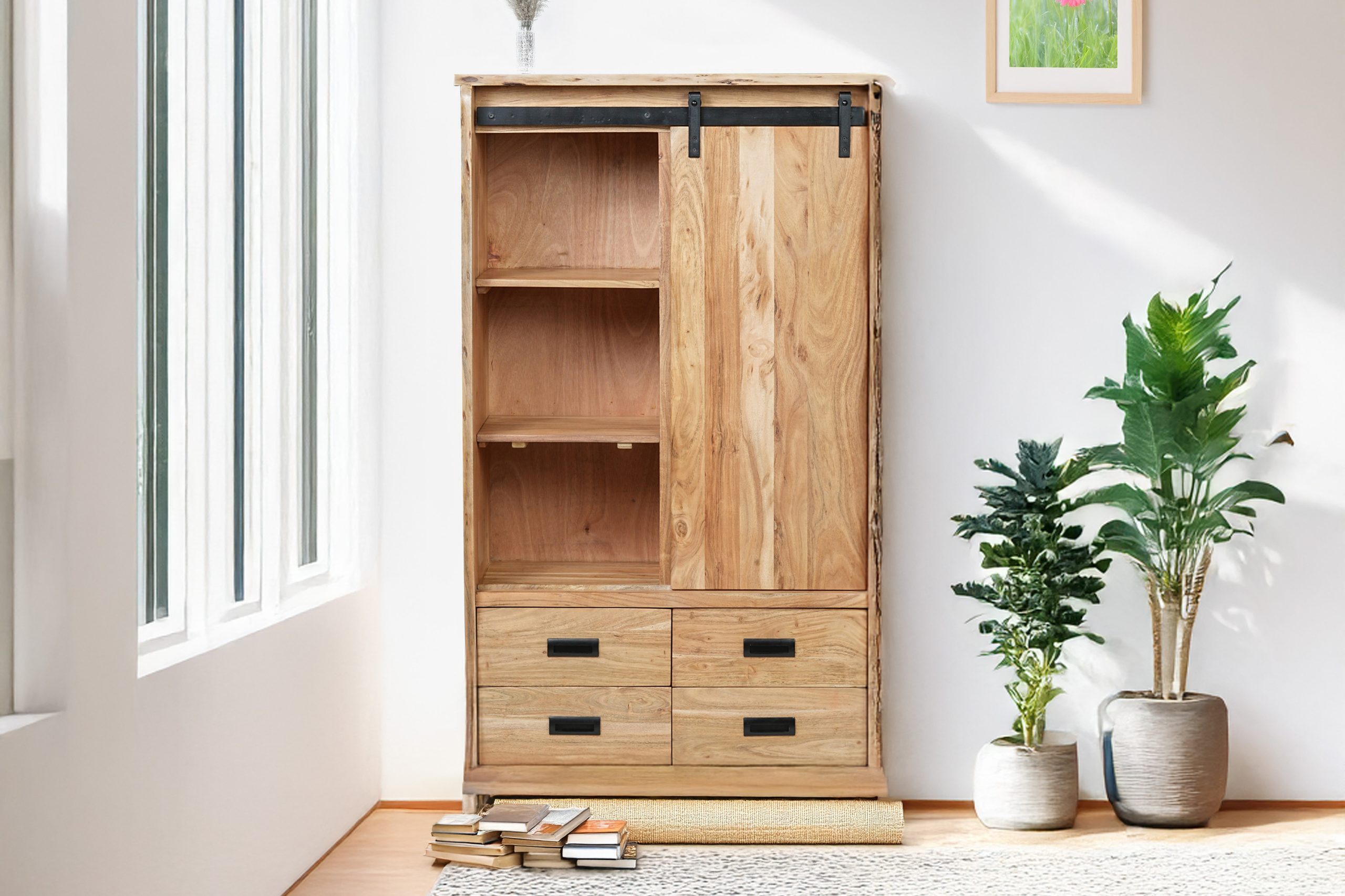 Highboard 90x45x150 cm Baumkante Akazienholz massiv natur gusseiserne Elemente LIAN II