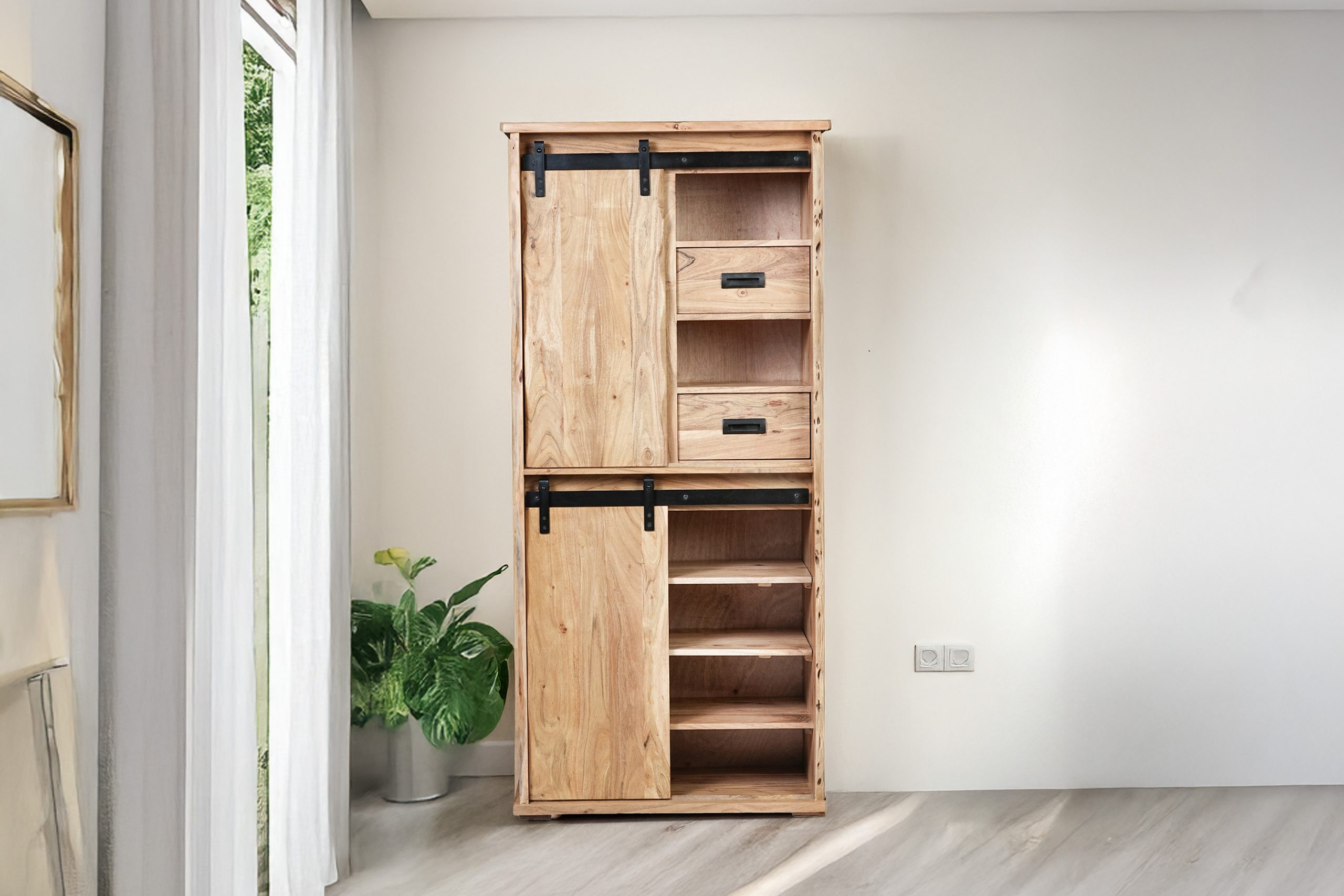 Highboard 80x45x175 cm Baumkante Akazienholz massiv natur gusseiserne Elemente LIAN III