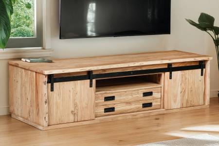 Lowboard 180x55x50 cm Baumkante Akazienholz massiv natur gusseiserne Elemente LIAN I