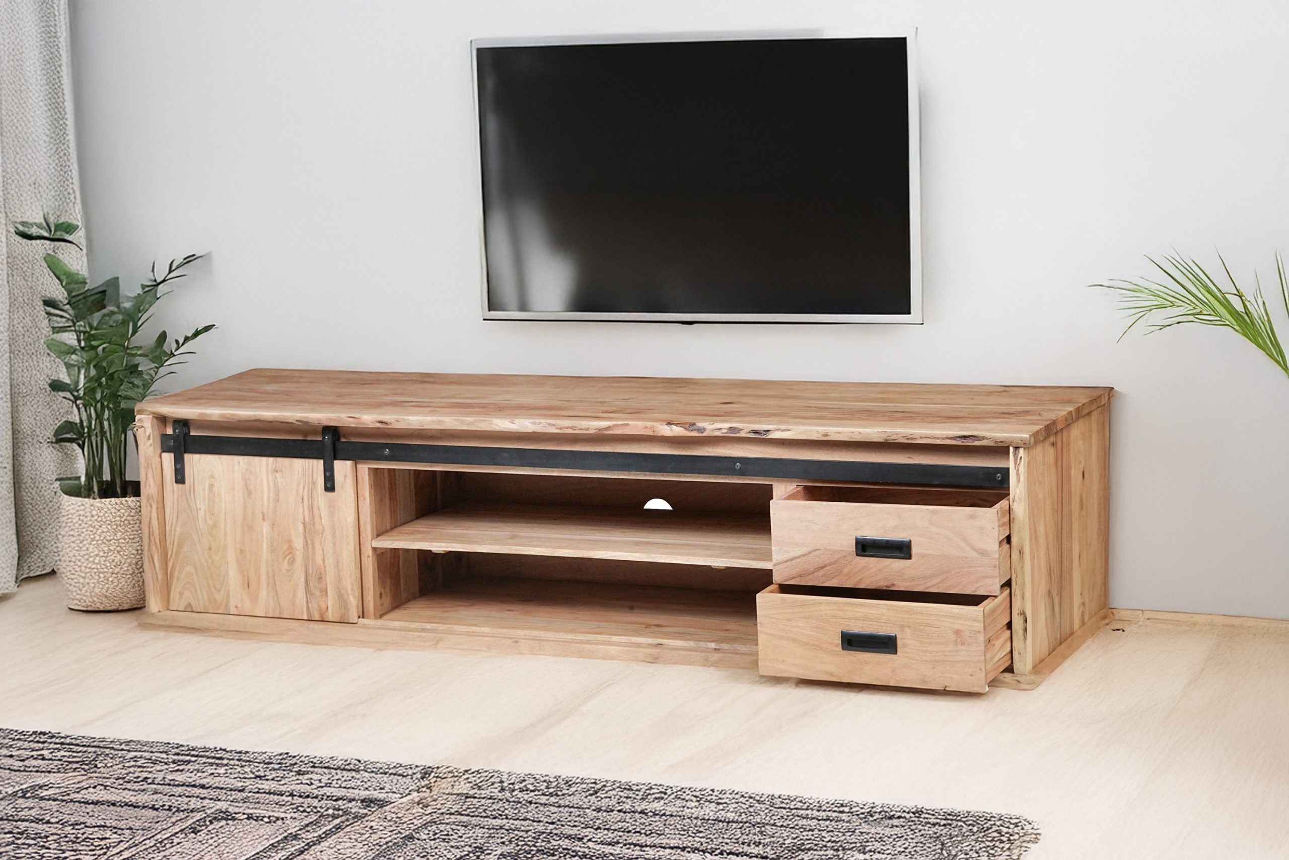 Lowboard 200x55x50 cm Baumkante Akazienholz massiv natur gusseiserne Elemente LIAN II