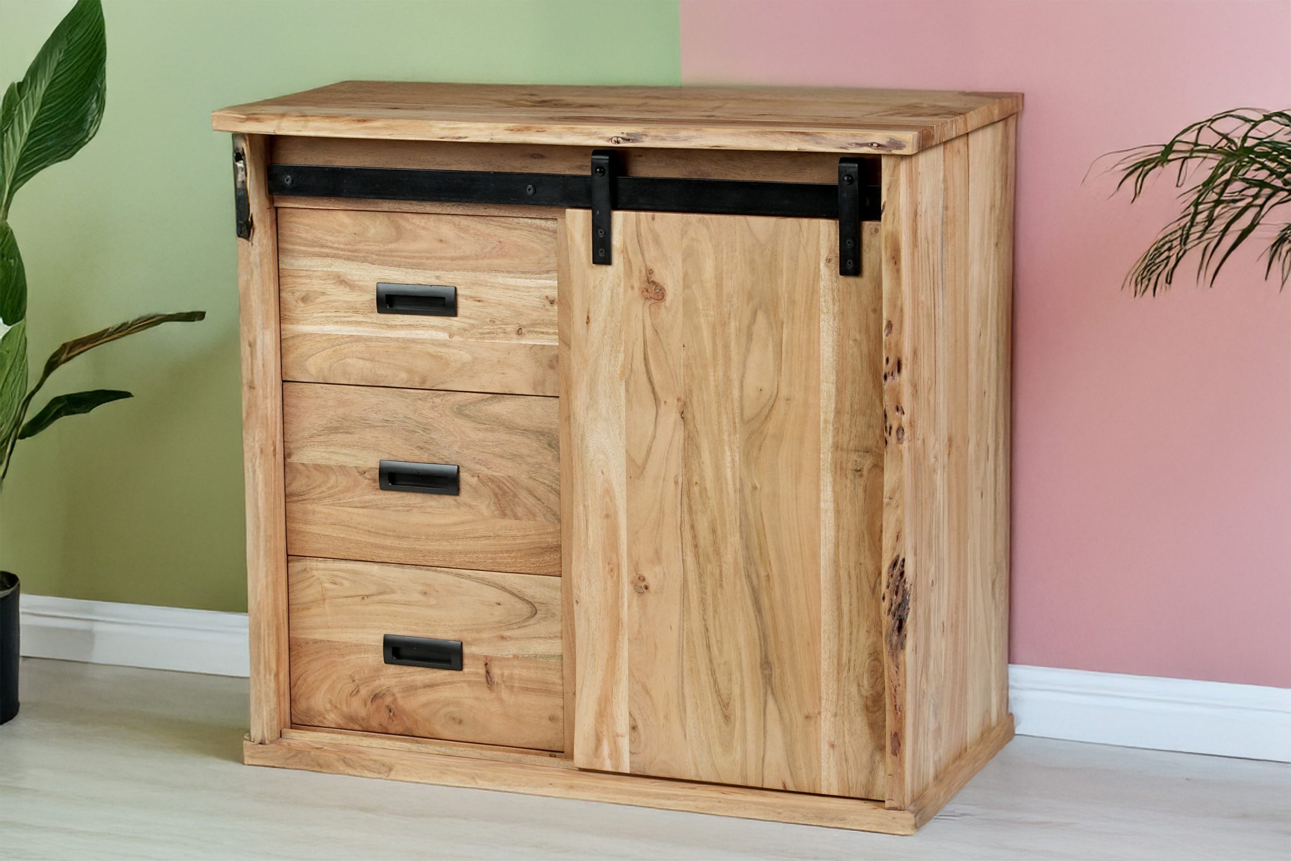 Sideboard 90x45x85 cm Baumkante Akazienholz massiv natur gusseiserne Elemente LIAN V