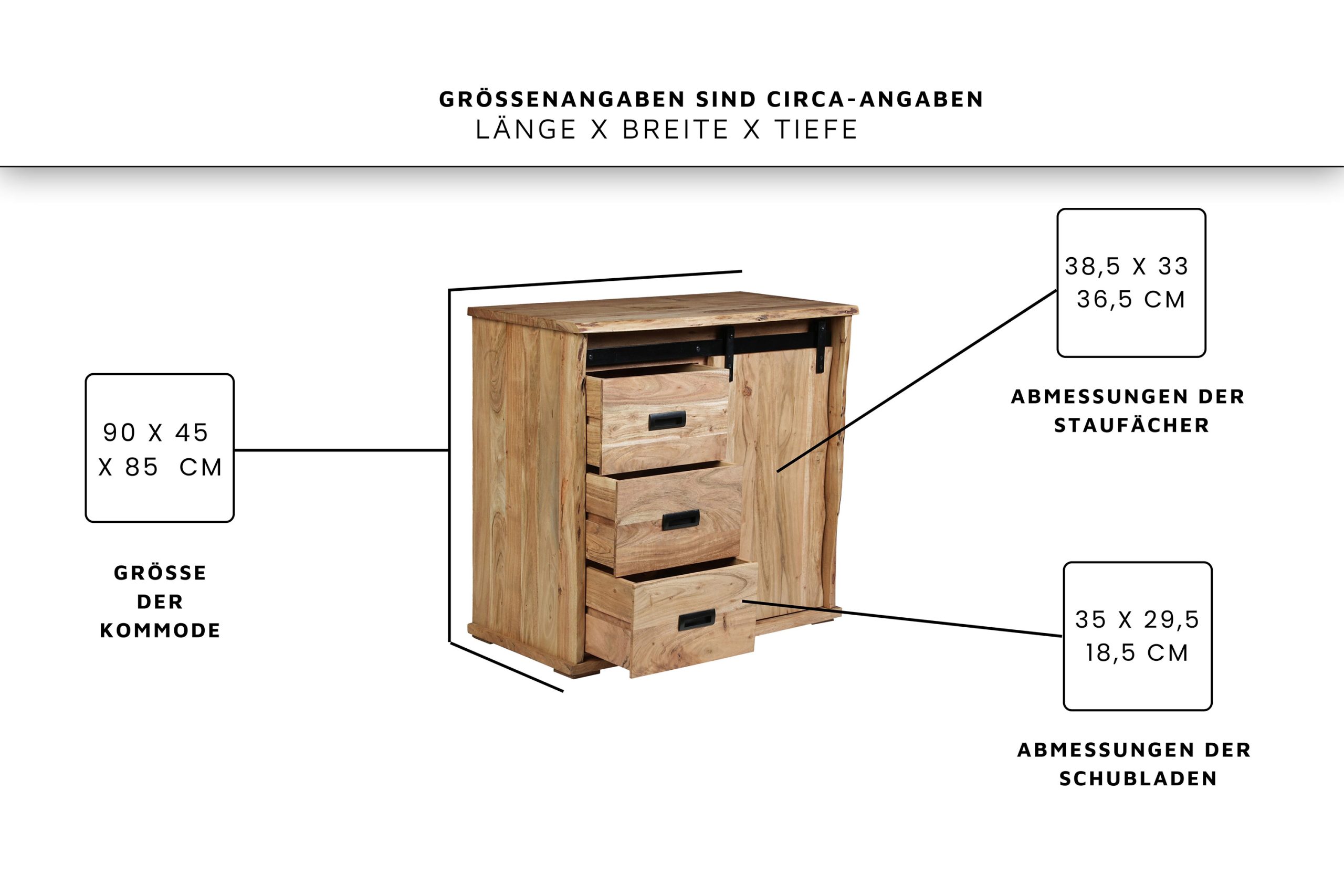 Sideboard 90x45x85 cm Baumkante Akazienholz massiv natur gusseiserne Elemente LIAN V – Bild 3