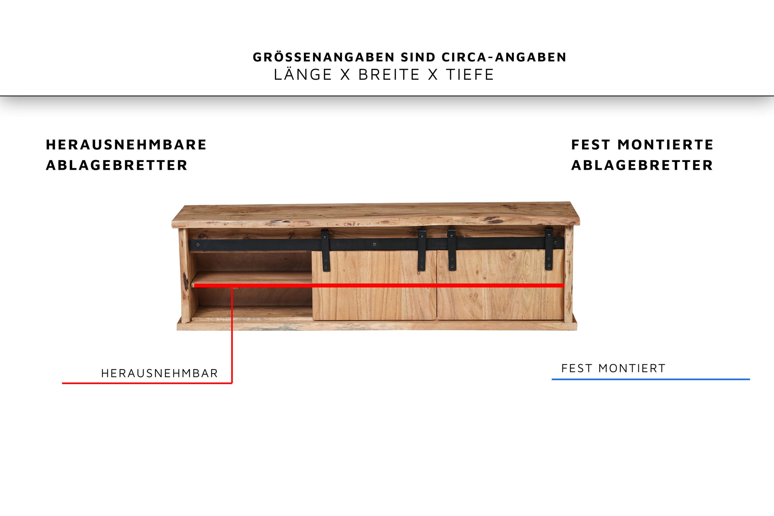 Wandboard 130x25x37 cm Baumkante Akazienholz massiv natur gusseiserne Elemente LIAN I – Bild 5
