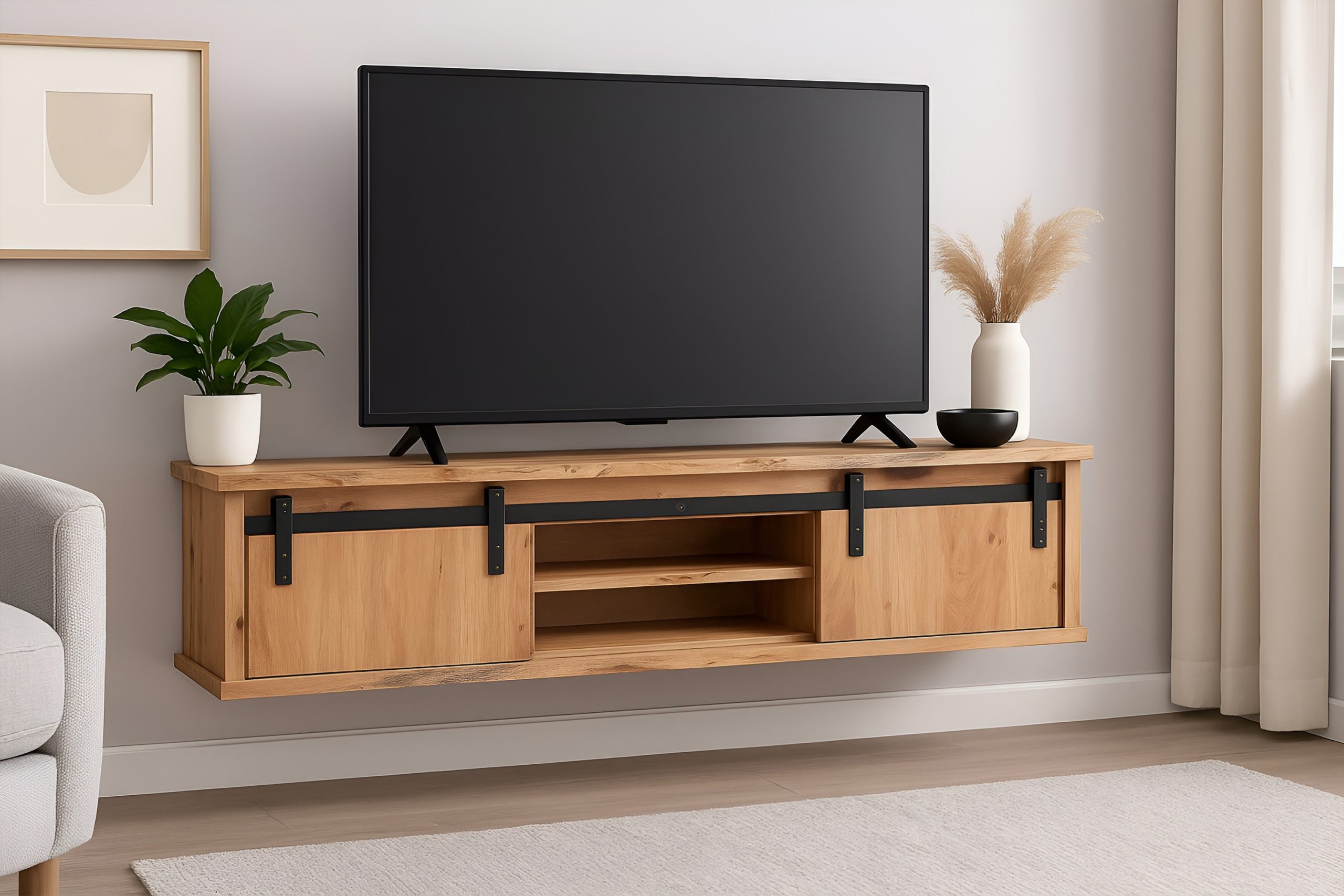 Wandboard 130x25x37 cm Baumkante Akazienholz massiv natur gusseiserne Elemente LIAN I