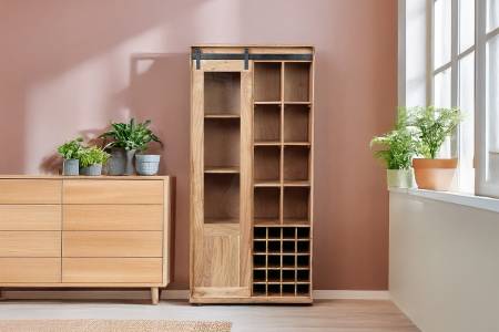 Wein-Highboard 90x45x180 cm Baumkante Akazienholz massiv natur gusseiserne Elemente LIAN I