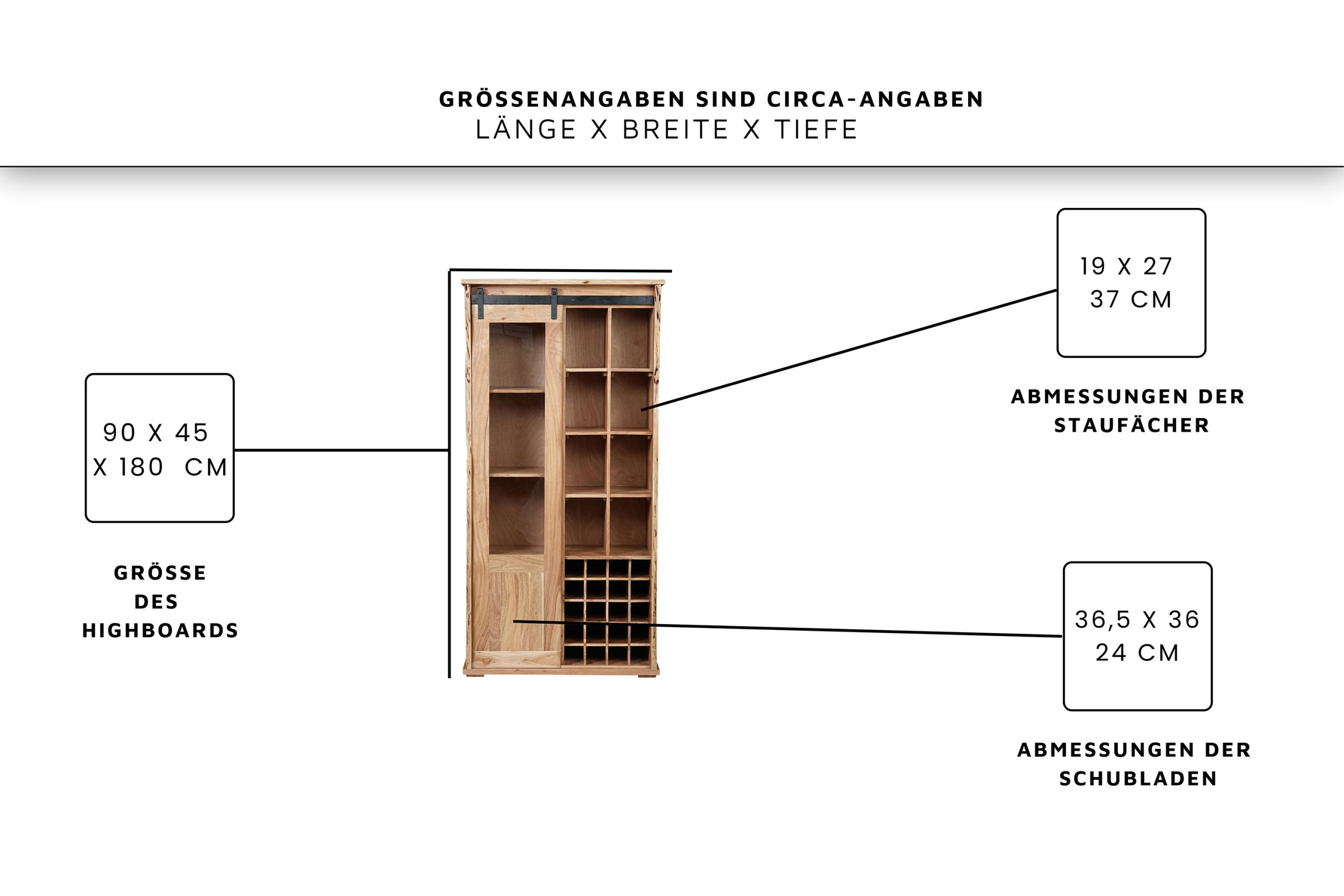 Wein-Highboard 90x45x180 cm Baumkante Akazienholz massiv natur gusseiserne Elemente LIAN I – Bild 3