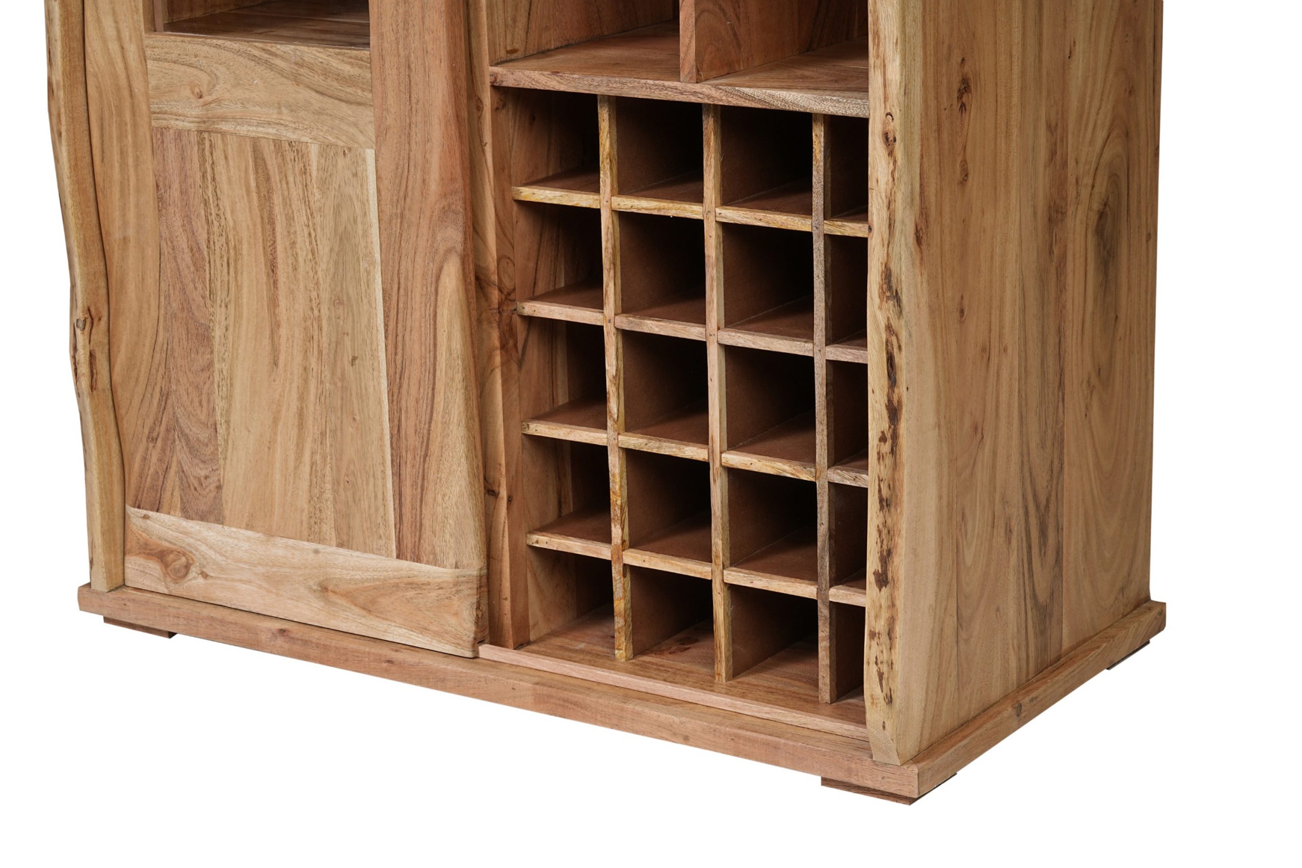 Wein-Highboard 90x45x180 cm Baumkante Akazienholz massiv natur gusseiserne Elemente LIAN I – Bild 5