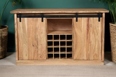 Wein-Sideboard 145x45x85 cm Baumkante Akazienholz massiv natur gusseiserne Elemente LIAN I