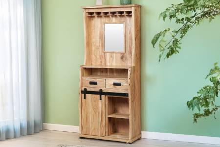 Weinschrank 75x35x170 cm Baumkante Akazienholz massiv natur gusseiserne Elemente LIAN I