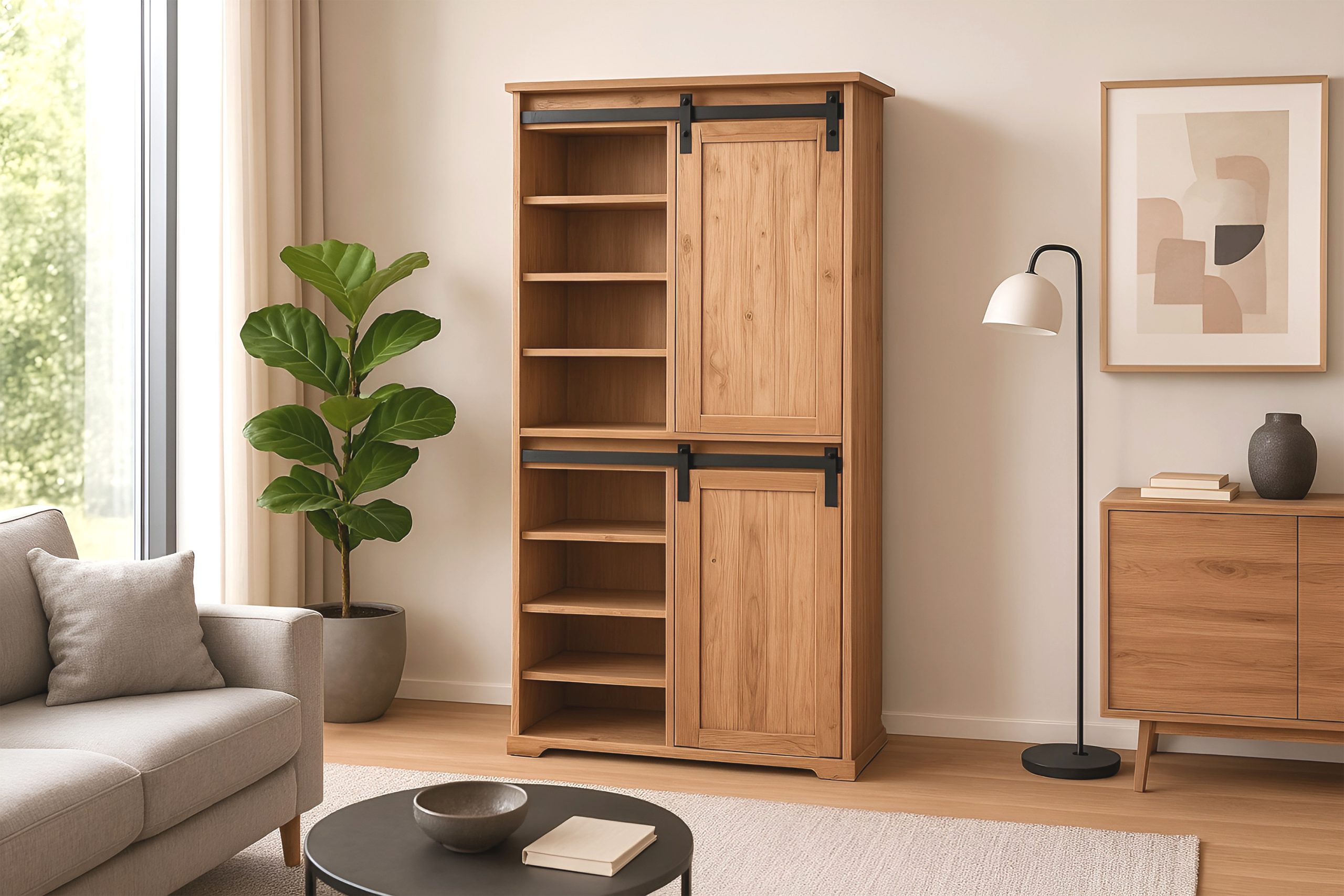 Highboard 80x45x175 cm Akazienholz massiv natur gusseiserne Elemente LIANO III