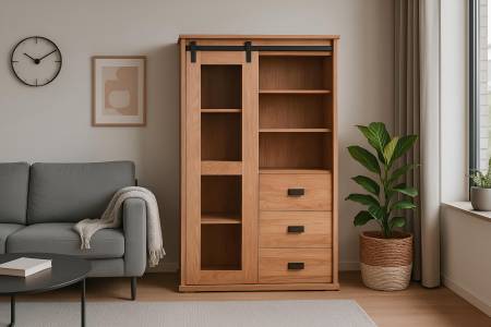 Highboard 100x45x175 cm Akazienholz massiv natur gusseiserne Elemente LIANO IV