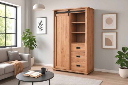 Kleiderschrank 100x45x175 cm Akazienholz massiv natur gusseiserne Elemente LIANO I
