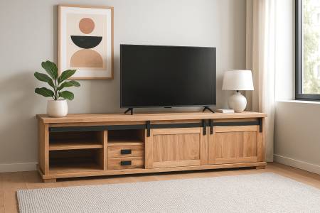 Lowboard 180x55x50 cm Akazienholz massiv natur gusseiserne Elemente LIANO I