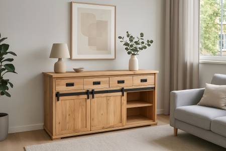 Sideboard 150x45x90 cm Akazienholz massiv natur gusseiserne Elemente LIANO II