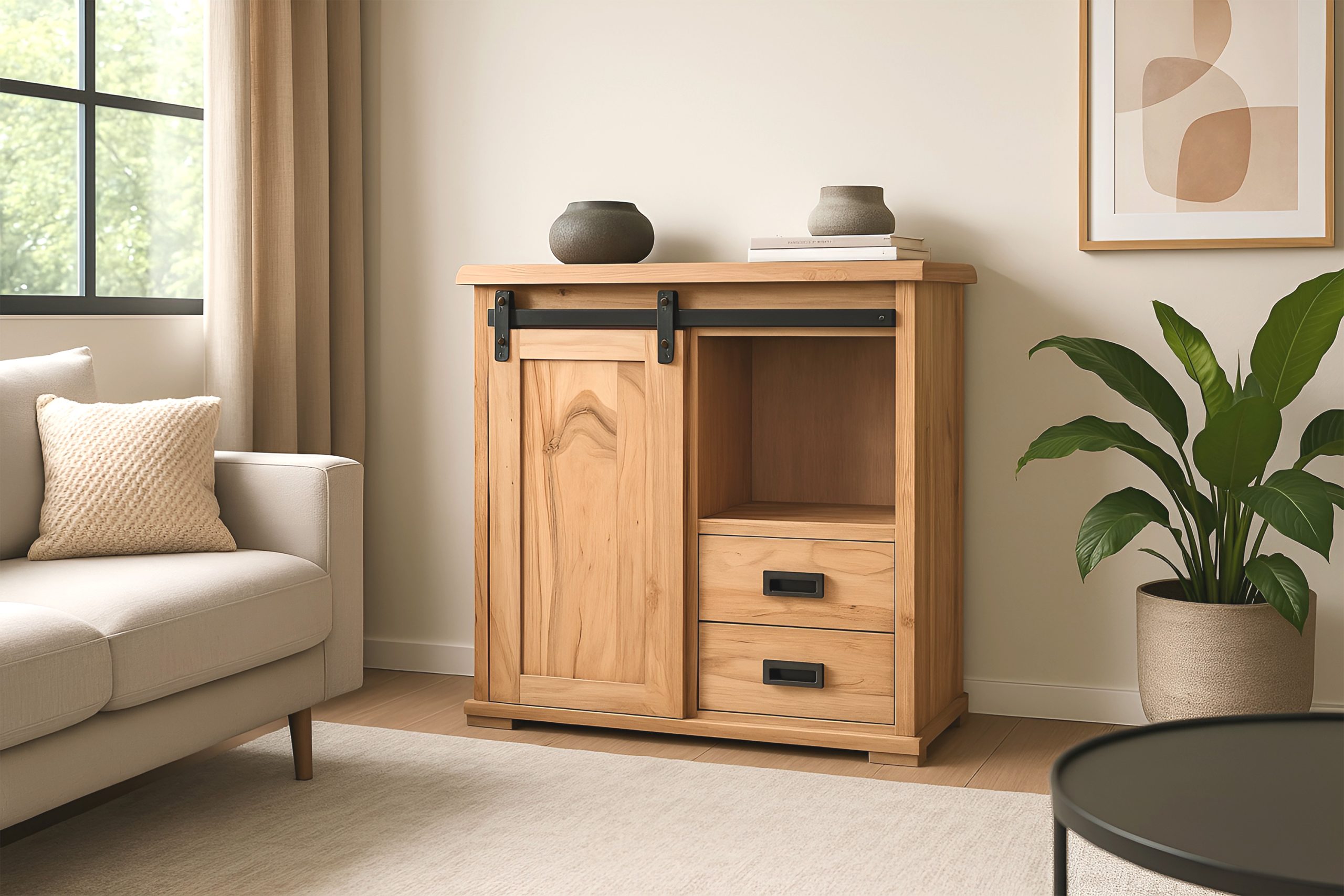 Sideboard 75x36x90 cm Akazienholz massiv natur gusseiserne Elemente LIANO III