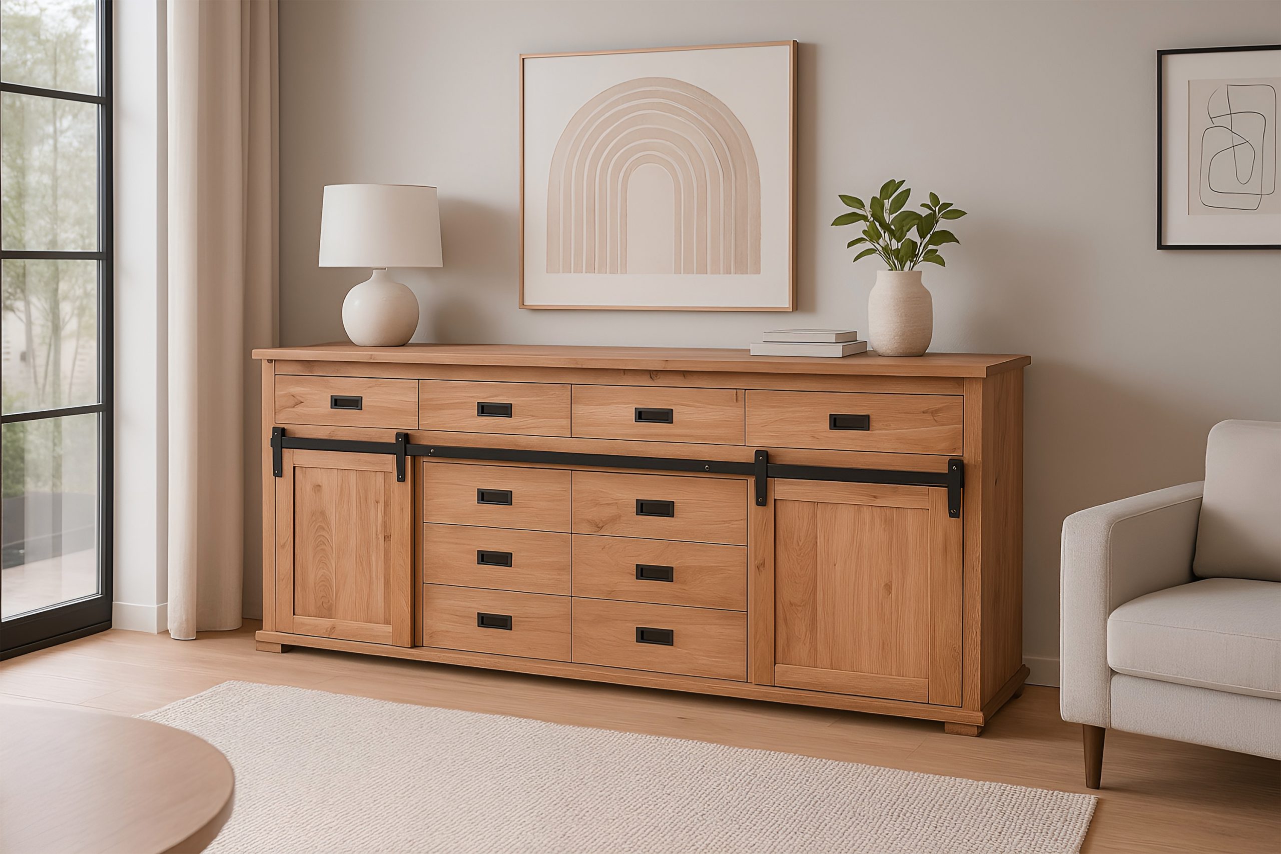 Sideboard 200x45x90 cm Akazienholz massiv natur gusseiserne Elemente LIANO IV