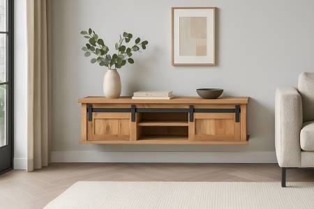 Wandboard 130x25x37 cm Akazienholz massiv natur gusseiserne Elemente LIANO I