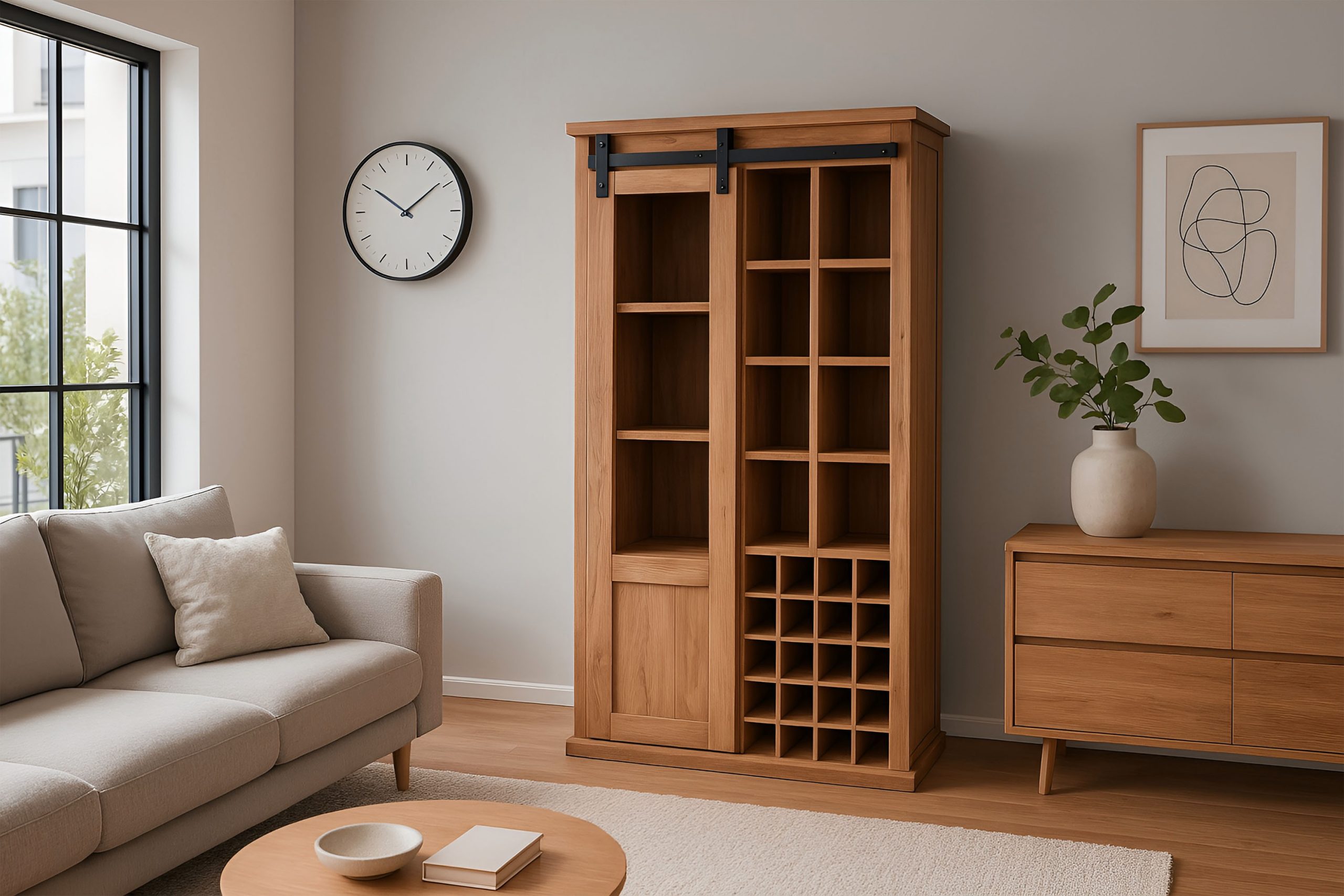 Wein-Sideboard 145x45x85 cm Akazienholz massiv natur gusseiserne Elemente LIANO I