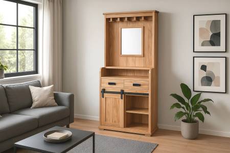 Weinschrank 75x35x170 cm Akazienholz massiv natur gusseiserne Elemente LIANO I