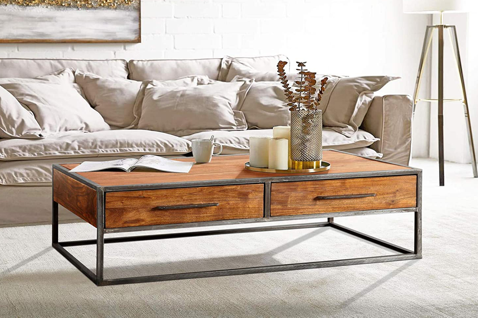 Couchtisch Akazienholz massiv nougat Sofatisch Türen Oklahoma