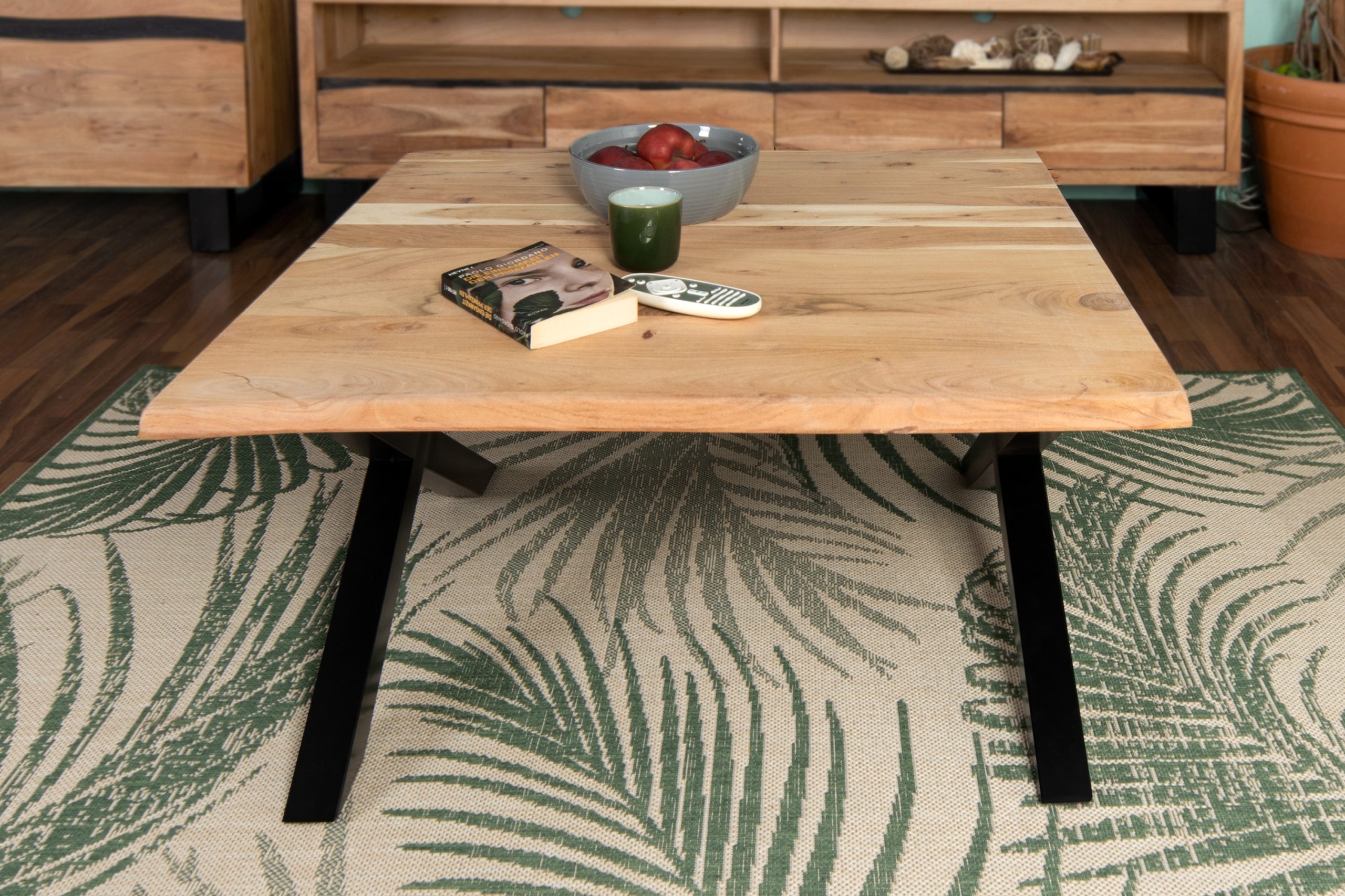 Couchtisch Baumkante 90 x 90 cm Akazie naturfarben X-Gestell schwarz Quintus