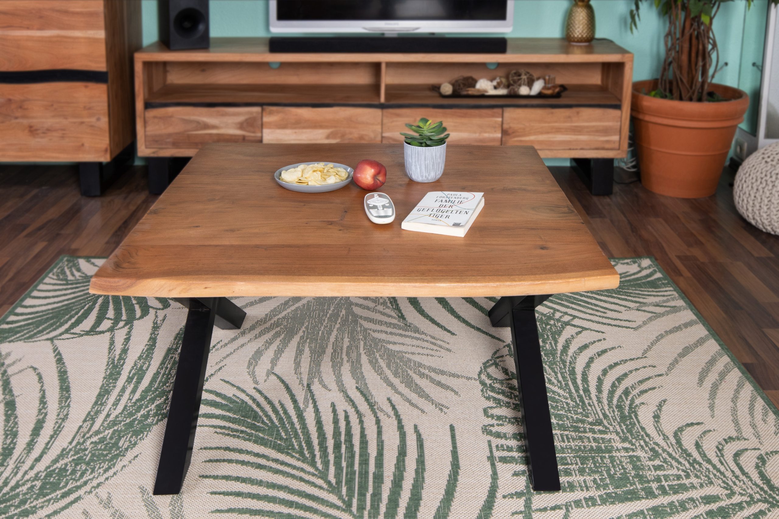 Couchtisch Baumkante 90 x 90 cm Akazie nussbaumfarben X-Gestell schwarz Quintus