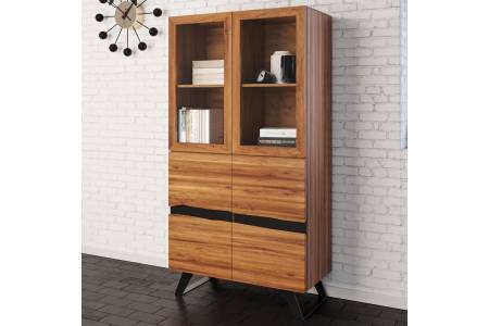 Vitrine 98 x 44 x 175 cm Akazienholz Highboard massiv & nussbaum SARA