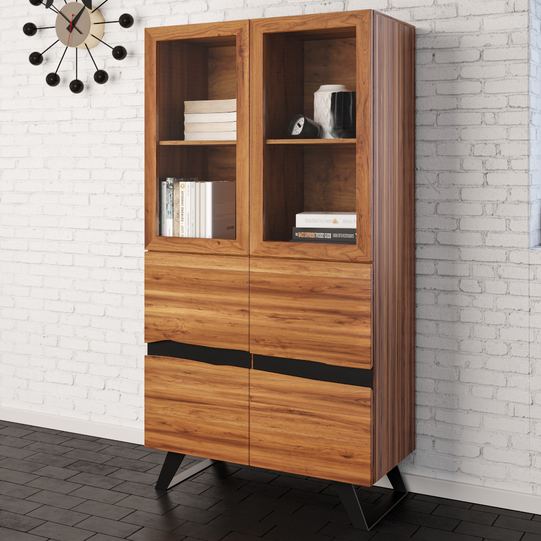 Vitrine 98 x 44 x 175 cm Akazienholz Highboard massiv & nussbaum SARA