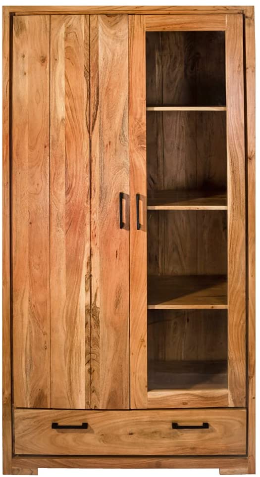 Vitrine 105 x 45 x 200 cm Akazienholz Glasvitrine massiv & natur SARAH