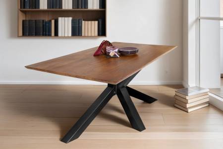 B-Ware Esstisch 120x80cm Akazie massiv nussbaum Schweizer Kante Spider-Gestell ABBY