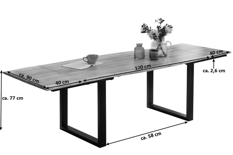 Esstisch mit Ansteckplatten 120(200)x90 cm Baumkante Akazie natur U-Gestell silber ADINA – Bild 3