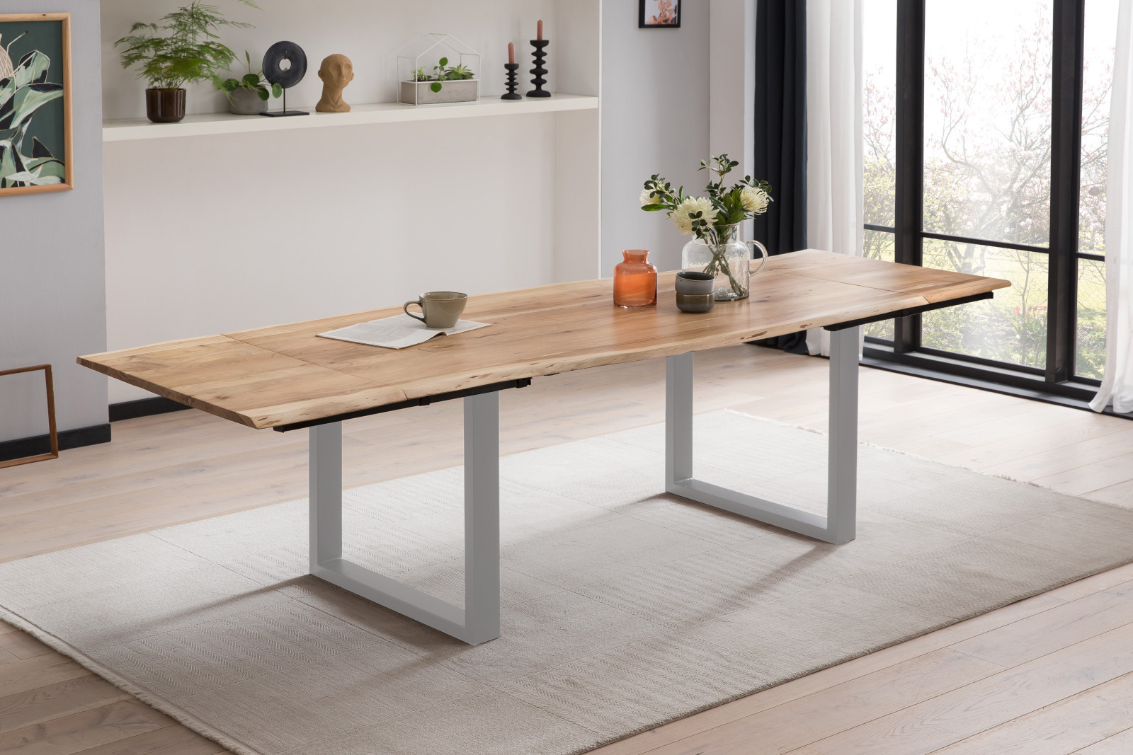 Esstisch mit Ansteckplatten 140(220)x90 cm Baumkante Akazie natur U-Gestell silber ADINA