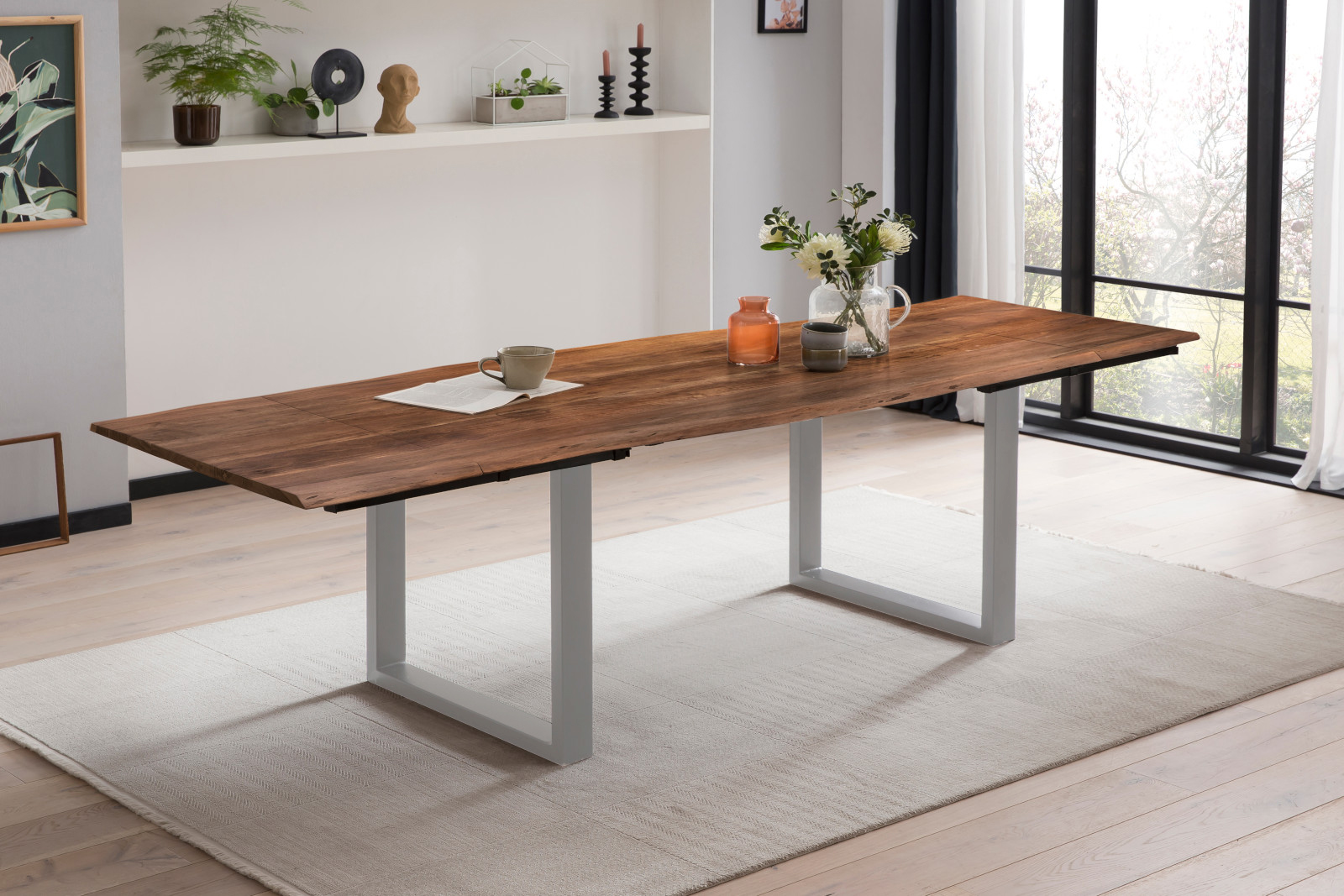 Esstisch mit Ansteckplatten Baumkante Akazie nussbaum 260(360)x100 cm U-Gestell silber ADINA