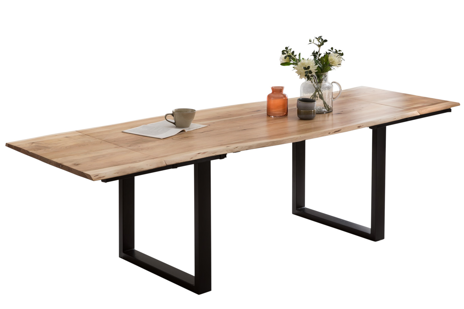 Esstisch mit Ansteckplatten 300(400)x100 cm Baumkante Akazie natur U-Gestell schwarz ADINA – Bild 2