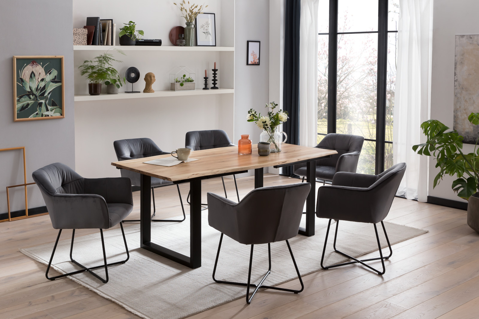 Esstisch mit Ansteckplatten 300(400)x100 cm Baumkante Akazie natur U-Gestell schwarz ADINA – Bild 4