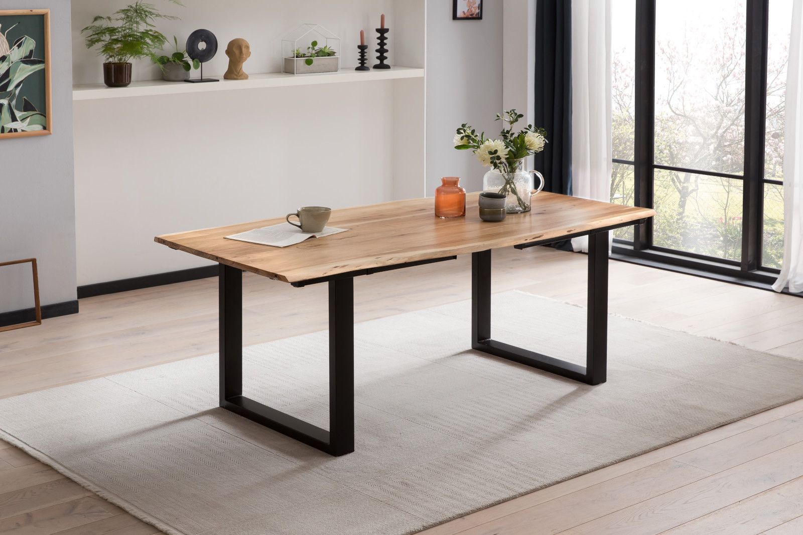 Esstisch mit Ansteckplatten 300(400)x100 cm Baumkante Akazie natur U-Gestell schwarz ADINA – Bild 5